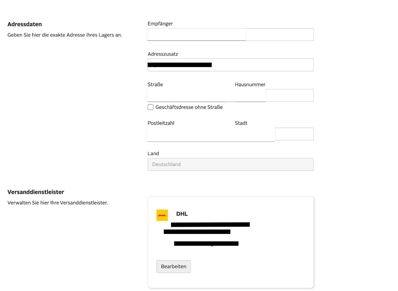 DHL profile structure with address data and shipping provider