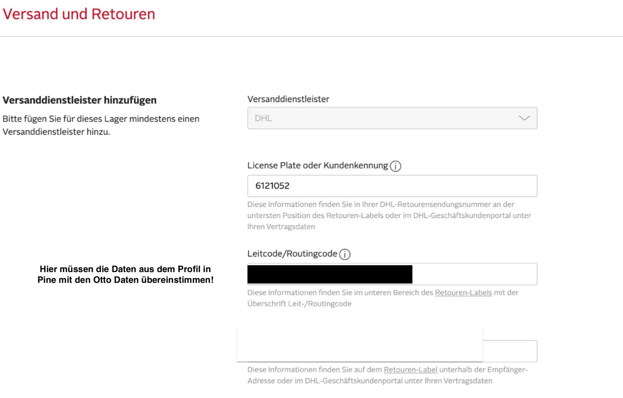 Shipping and returns area in OTTO Partner Connect