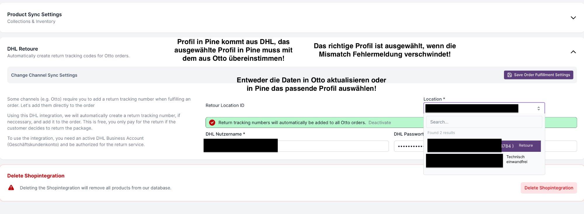 DHL return location in Hello Pine settings