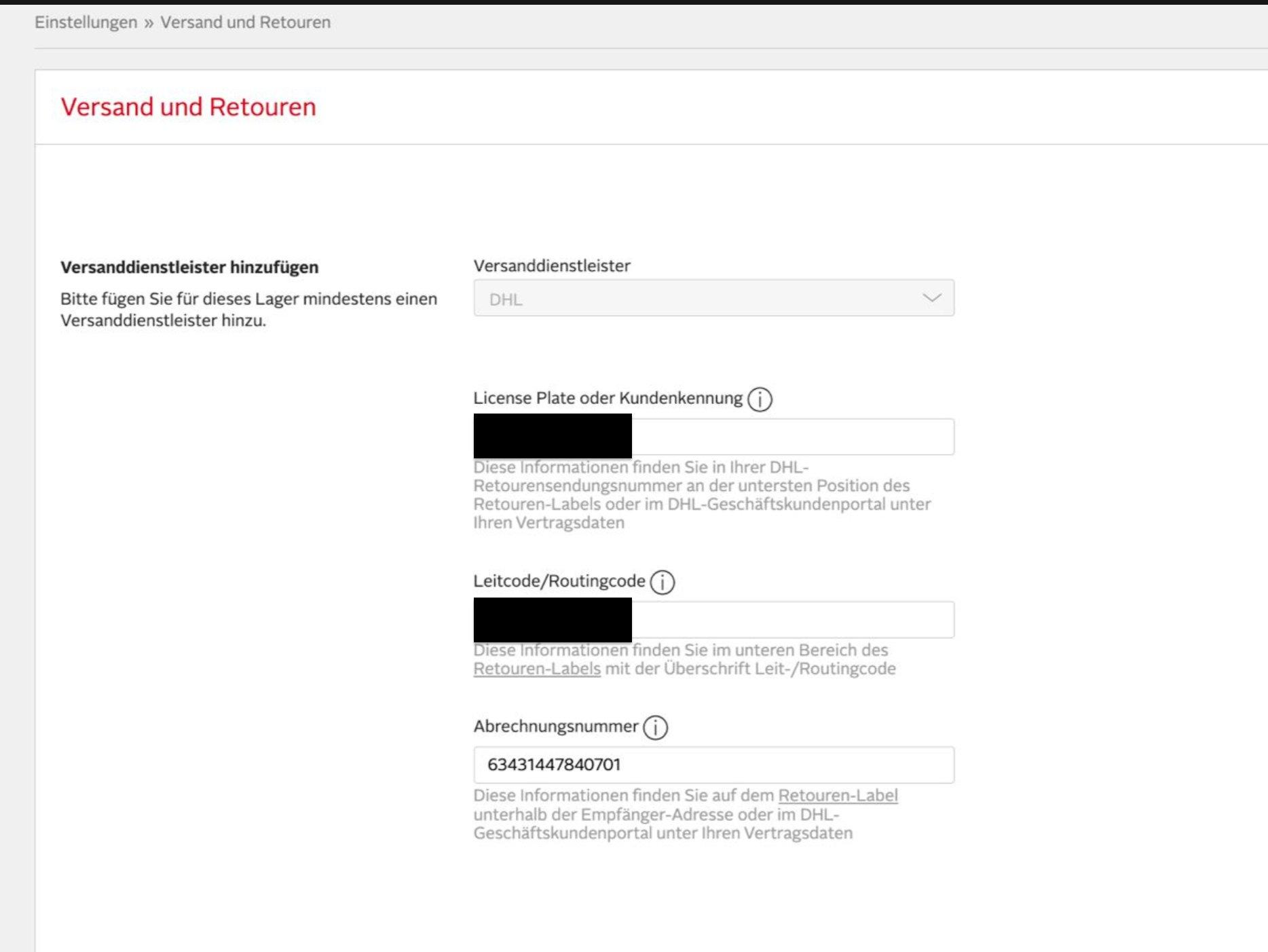 Relevant DHL return fields in OTTO Partner Connect